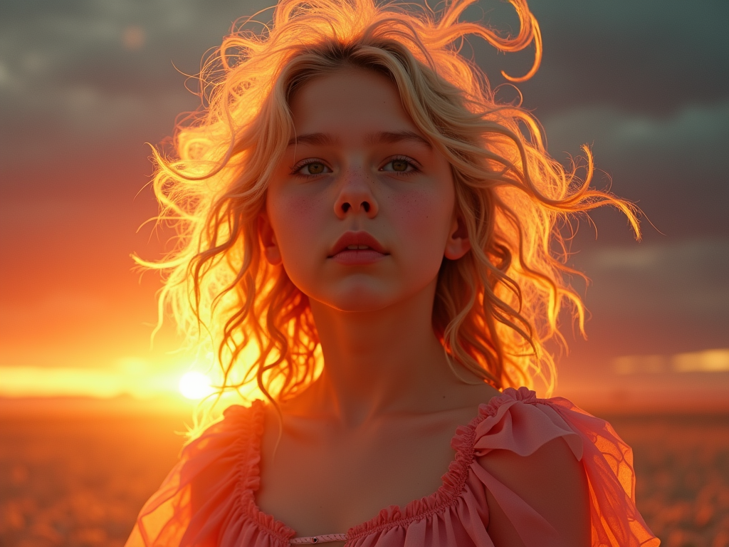 A vibrant, hyperrealistic portrait of McKenna Grace, bathed in the warm glow of a setting sun, reminiscent of a classic Hollywood headshot, yet imbued with a modern, surreal twist;  her expression is both pensive and mischievous, a blend of youthful innocence and knowing wisdom, set against a backdrop of swirling nebulae.
