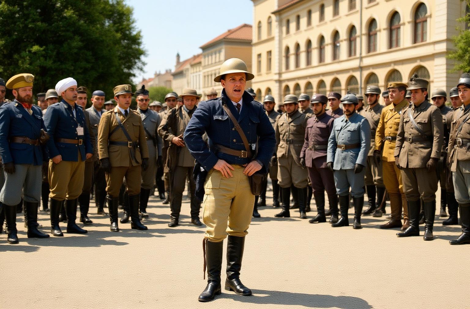 {
  "prompt": "A hyper-realistic, cinematic color photograph, captured with an Arri Alexa 65, depicting Gabriele D'Annunzio as the central figure, passionately addressing a large assembly of his legionary soldiers in Fiume, circa 1919. D'Annunzio stands on a slight elevation, wearing a distinctive tan riding helmet, a dark blue military tunic with light tan breeches, and tall black leather boots. His posture is commanding, with hands on his hips and a dynamic, passionate expression. A large, diverse crowd of soldiers surrounds him. Their uniforms are a mix of military styles and colors, including deep blue, grey, and khaki tunics, with many wearing fezzes and other unique headwear. A group of four officers in more formal, light-colored uniforms stands to his right. The background is the grand, light-colored Austro-Hungarian architecture of Fiume, featuring a large building with a series of prominent arched windows. Lush green trees and foliage frame the left side of the scene. The ground is a light-colored paved square. The lighting is natural, late-afternoon sunlight, creating soft, warm tones and defined shadows that enhance the three-dimensionality of the scene. The color palette is rich and historically accurate, with deep blues and greens contrasting with the lighter browns and tans of the uniforms and architecture, all rendered with the exceptional clarity, depth, and cinematic fidelity characteristic of an Arri Alexa 65. The overall composition conveys a powerful sense of historical gravitas and dramatic tension.",
  "negative_prompt": "monochrome, black and white, low quality, blurry, cartoonish, animated, sketch, drawing, simple, unrealistic, disfigured, poorly drawn faces, extra limbs, text, writing, watermarks, oversaturated colors",
  "style_raw": "cinematic, historical, photorealistic, Arri Alexa 65, highly detailed, dramatic lighting",
  "aspect_ratio": "21:9",
  "quality": "cinematic",
  "seed": 9876
 }