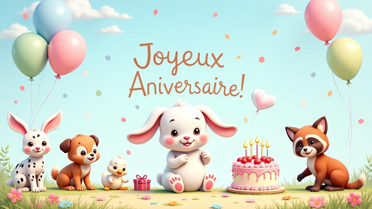Miniature d’ambiance pour un anniversaire : un bébé lapin blanc aux longues oreilles tombantes fête son anniversaire entouré de Mama Rabbit, d’un chiot dalmatien, d’un caneton, d’un chaton angora roux, d’un bébé panda et d’un raton laveur. Ballons, cadeaux, gâteau et joie sous un ciel bleu. Tous affichent une expression douce et attendrissante.