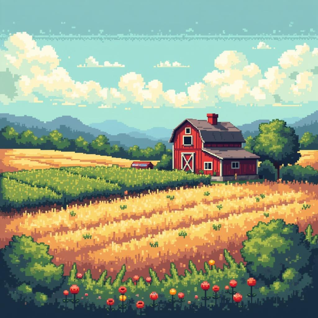 Pixel art spritesheet farm with crops.