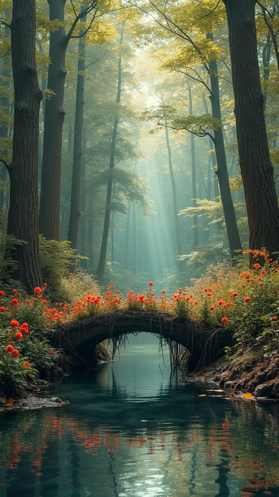 a-forest-of-flowers-with-a-bridge-wgz7nnfmqv