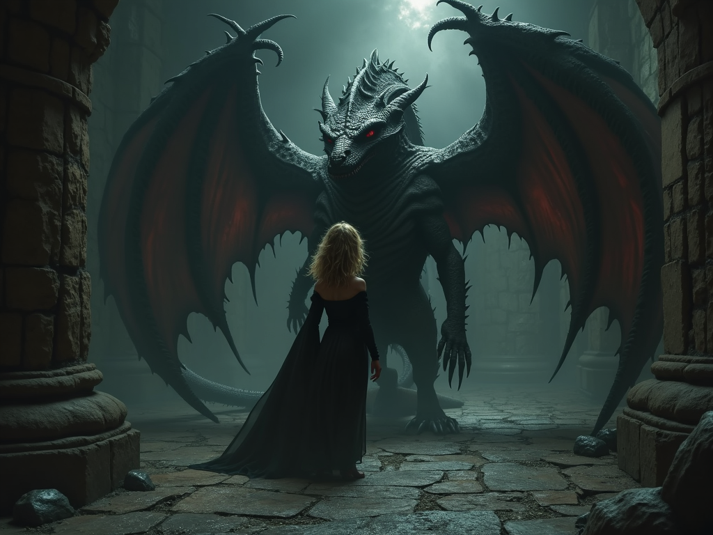A death girl in a dungeon fucling with a dragon 