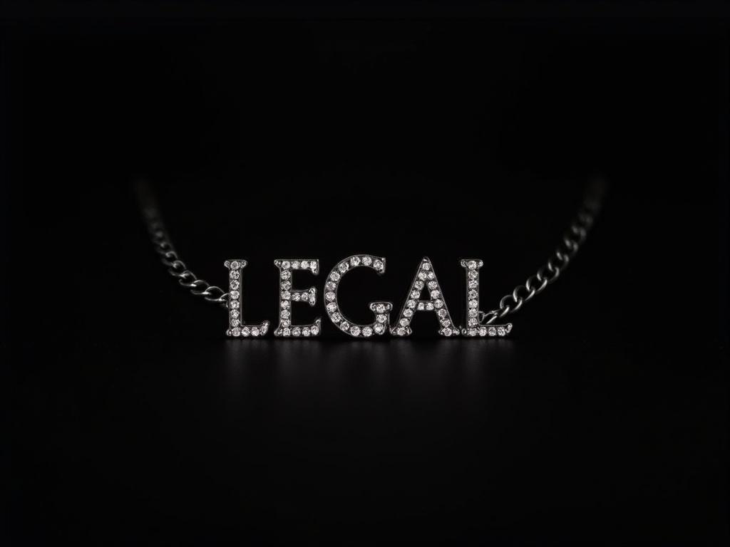 Create a silver chain with shiny diamonds with a name " LEGAL" make the background black, the should be on a doll

