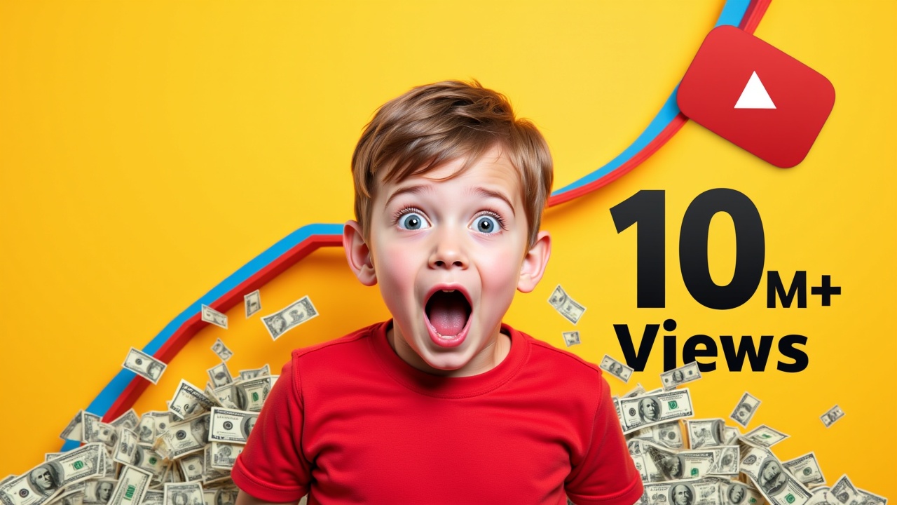 Boy in the front surprised and the YouTube logo and a growth graph and lots of money in bundles and a rain of money