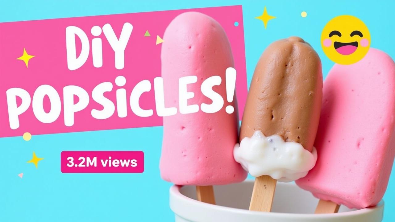 “A colorful and playful YouTube thumbnail for a kids DIY video. Show 2–3 realistic ice cream popsicles made from dough, bright pink and sky blue background, close-up view. Add bold, fun text: ‘DIY Popsicles!’ with sparkles or cute emojis. Make it eye-catching, vibrant, and kid-friendly.”