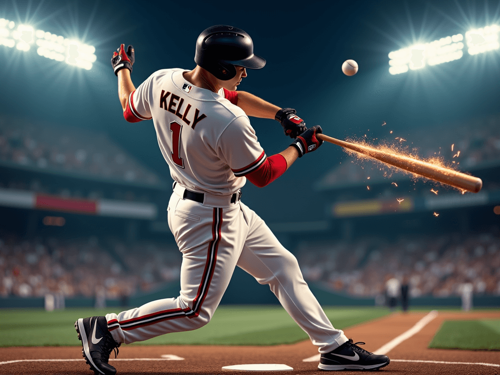 Create a hyper-realistic image of a professional baseball player mid-swing, connecting with a baseball. The player is wearing a white jersey with red trim, the name "KELLY" and number "1" on the back. The scene is set in a packed, night-time stadium under intense lights. Capture the exact moment the bat meets the ball — sparks of motion blur and energy radiating from the impact. The player's muscles are tense, eyes focused, with perfect batting form. The stadium crowd is a blur in the background, adding depth and excitement. Emphasize dynamic lighting, cinematic shadows, and rich detail in the uniform, bat, and ball.