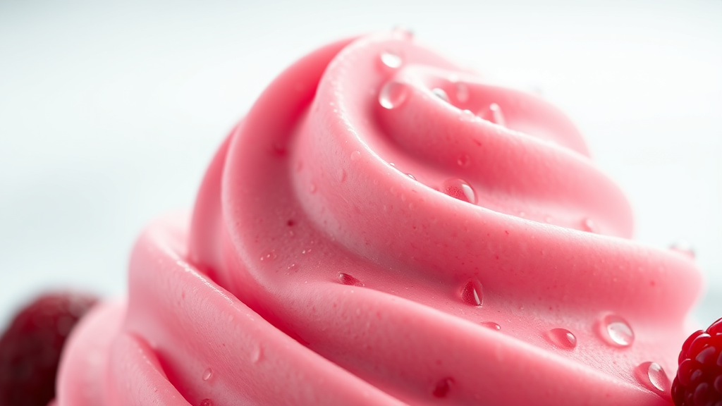 High-contrast close-up of pink berry gelato with water droplets and dynamic lighting for modern product ad.

