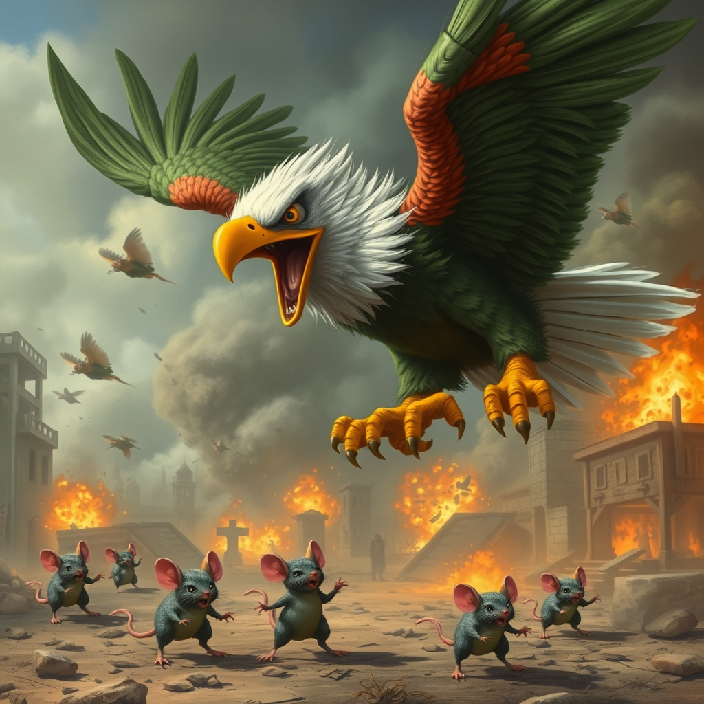 An angry eagle with green, red, and white feathers attacks frightened mice on a battlefield filled with smoke, explosions, fire, and destroyed buildings.