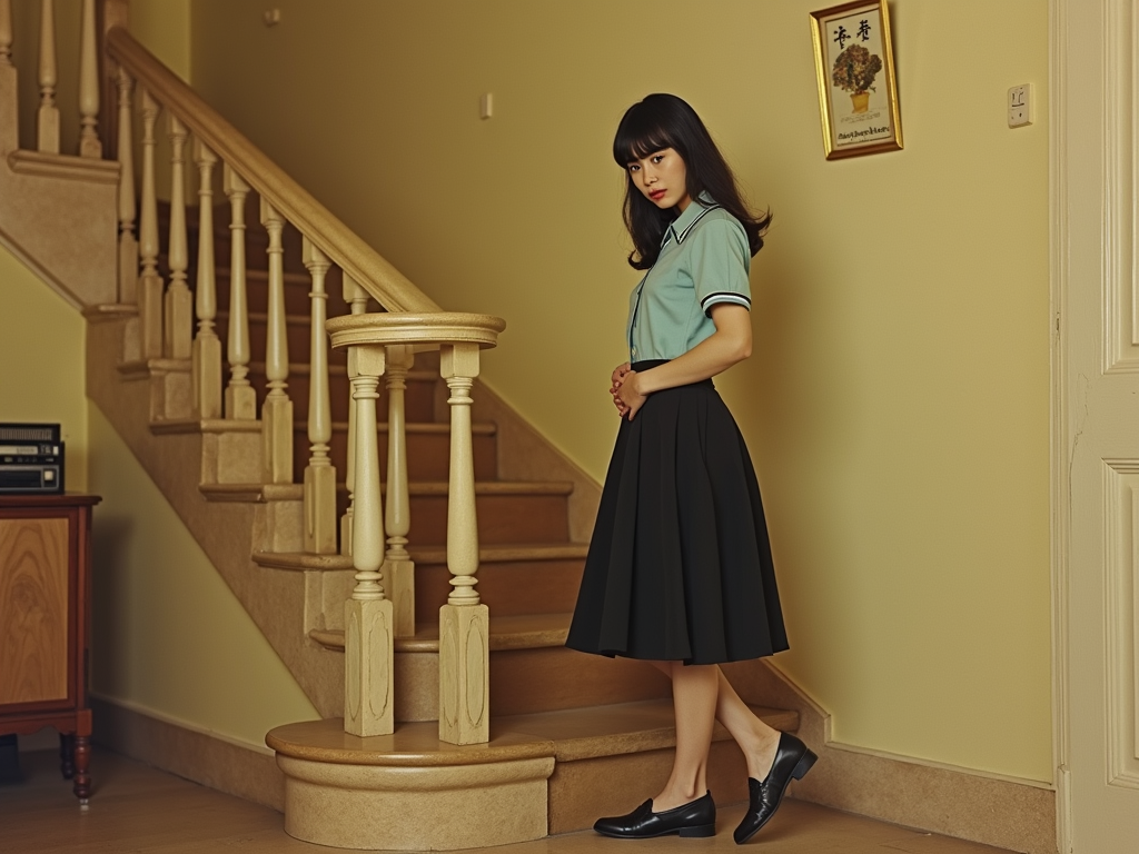 A vintage yellowed photo of a beautiful and Slender figure body Taiwanese girl (age 17), standing on an ornate staircase in a 1970s Taiwanese photography studio. One of her hands is on the railing; the other is caressing her belly. Very elegant. Her face is like the sample picture provided. Or just put the sample picture's character in a water blue short-sleeved shirt, a black skirt and black leather shoes.wearing a light blue short-sleeve school shirt and a black pleated skirt that reaches mid-thigh, with leather school shoes. Her posture is formal but calm, reflecting the shy elegance of 1980s Taiwan youth. Soft lighting, nostalgic mood.

Style: vintage, yellowed, 1980s

Medium: studio portrait photograph

Camera: fixed lens, shallow depth of field

Lighting: soft, moody, warm tone