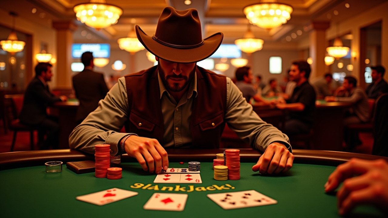 Cinematic 4G style — busy casino interior glowing with warm light. At the center, a rugged young cowboy in a cowboy hat sits at a blackjack table with big stacks of chips. The dealer has just dealt him a Queen of Hearts; his hole card is an Ace of Hearts — a blackjack. The dealer’s upcard is a Nine of Spades. Bystanders crowd around, watching in suspense. Golden light and shallow depth of field highlight the moment of high-stakes tension and triumph.
