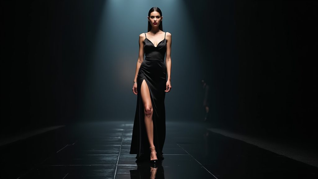 A tall female fashion model with slicked-back black hair and red lips, wearing a long black satin dress with a thigh-high slit, stands on a glossy black runway inside a dark fashion studio. Overhead spotlight. Reflections on the floor. Soft ambient lighting along the back wall. Elegant, cinematic, moody.