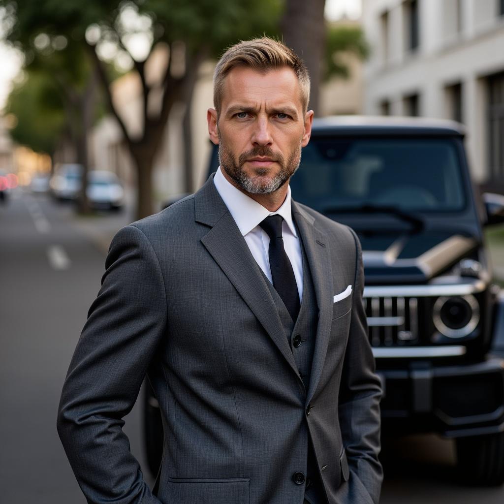 a mature athletic looking man with blue eyes and short blonde hair wearing a dark grey suit standing next to a g580 mercedes benz.