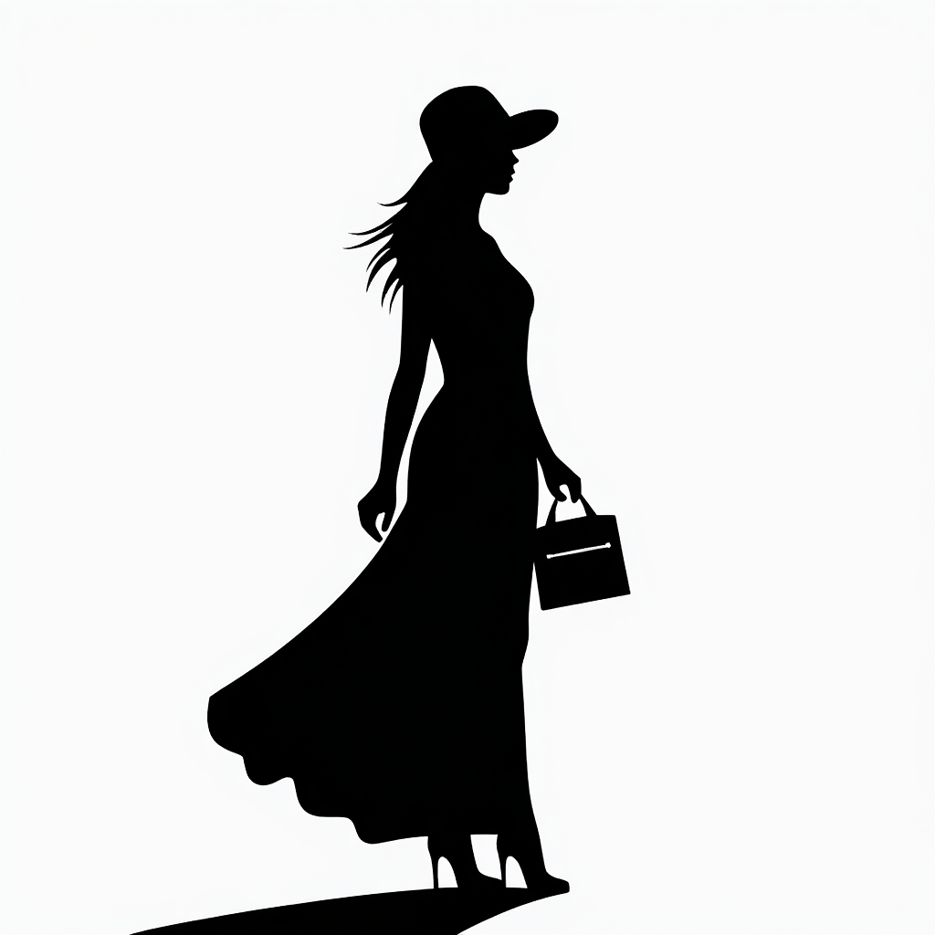full body Black silhouette of fashion woman in a dress with hat