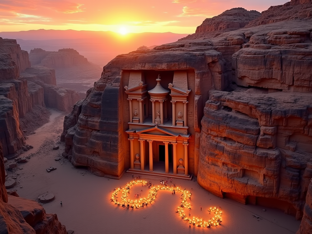 Dramatic aerial view of Petra Treasury at dawn