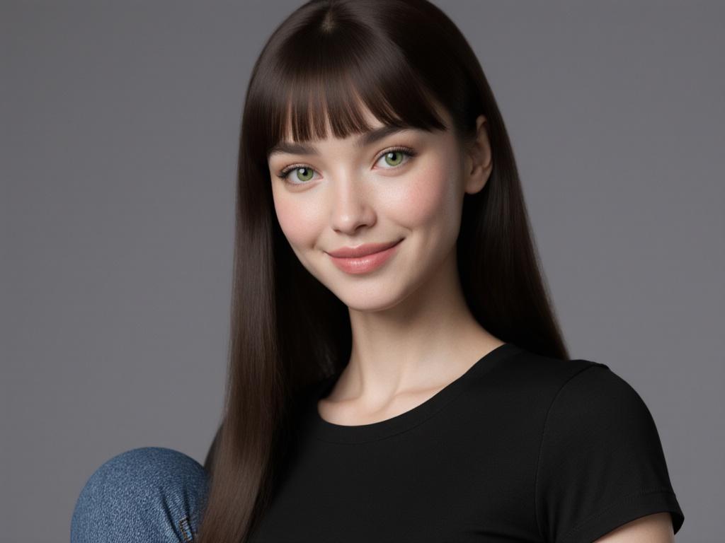 A 28-year-old woman with a natural smile. She has a feminine, slender body with natural curves, long, straight dark brown hair with bangs, almond-shaped light green eyes, defined natural eyebrows, and full, pink lips. Her skin is photorealistic, creating a realistic texture. The lighting is soft and natural, highlighting skin details without harsh reflections. She wears natural makeup that realistically enhances her features, without artificial makeup or softeners. She is wearing a fitted black T-shirt and jeans.