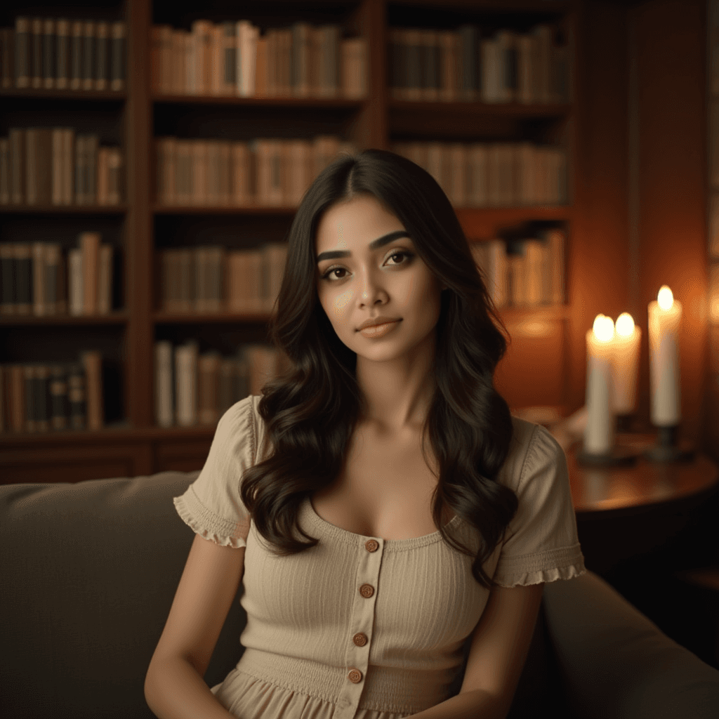 rotate her slightly to see a different angle and clothing *change her clothing to summer style   looking directly to camera 
siting on couch in library  while maintaining exact face, expression hair  ,same pose ,  and background with candles light . medium full shot 3/4