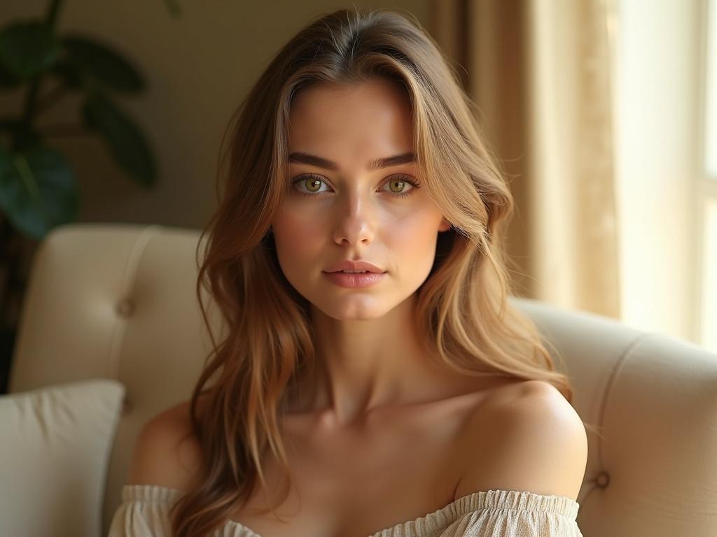 Ultra-realistic photo of the same young woman with silky light-brown hair, vivid green almond-shaped eyes, and full natural lips, sitting on a minimal beige armchair by a large window, sunlight streaming in from the side, casting soft golden highlights across her flawless skin. She faces the camera directly, expression serene and captivating, hair gently framing her face. Background softly blurred interior with warm tones. Shot on 85mm lens, f/1.4, ISO 100, shallow depth of field, ultra-high resolution, cinematic composition, natural skin texture, photoreal detail.