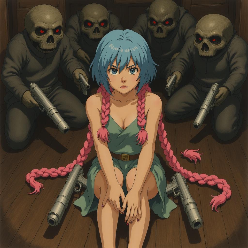A serene Asian girl, short blue hair contrasting with long, vibrant pink braids, sits pensively on a dark, polished wooden floor, the weight of impending war etched on her face.  Rising, her serious expression hardens; she's alone, facing a legion.  Two gleaming pistols are drawn, their metallic gleam reflecting the dim light.  Fear grips monstrous enemies, their forms trembling as she bravely charges, a whirlwind of defiance and grace.
