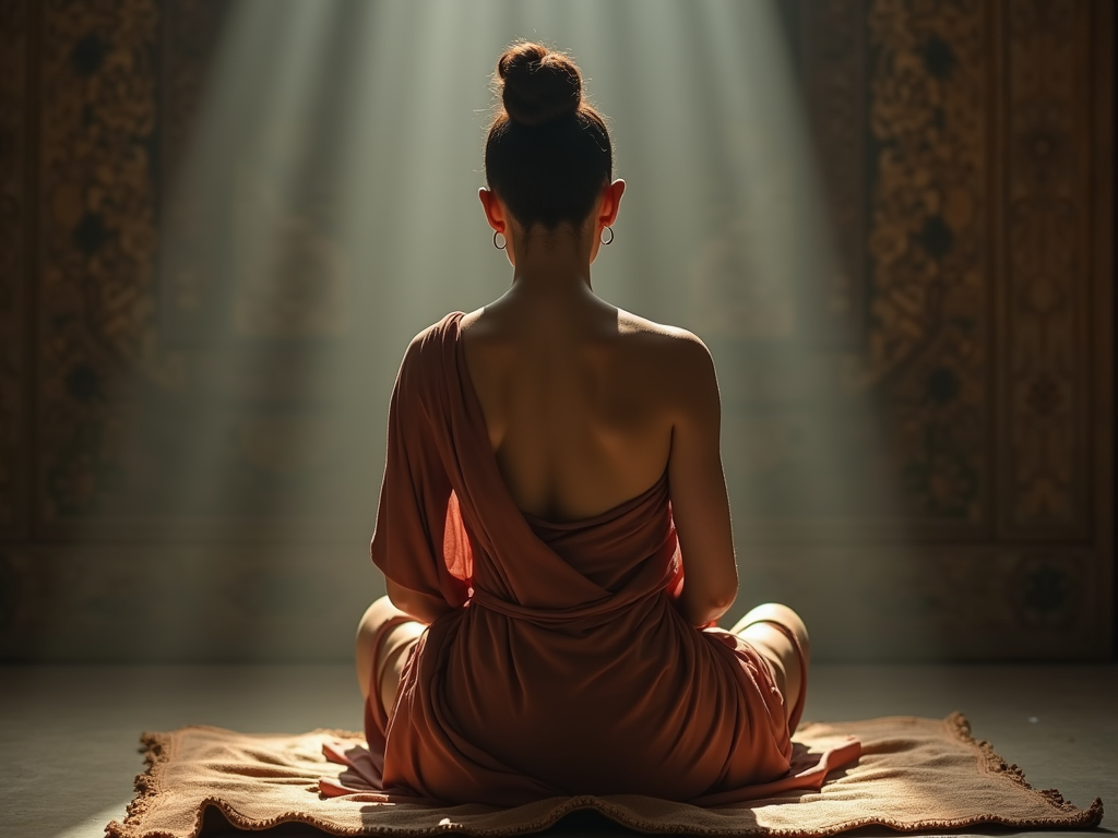 A women in shibari view from the back with the hand tie like buddha