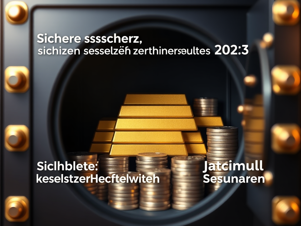 1200 x 630 Pixel landscape.

Overlay the following large, bold, perfectly readable white or gold Deutsch keywords and slogans only at the top and bottom image edges (never in the center):

Top edge: Sichere Schätze, krisensicheres 2025, zertifizierte Hochsicherheitstresoren
Bottom edge: Vermögenswerte schützen, maximale Sicherheit, langfristig sichern

Motif: Highly realistic, premium high-security vault, slightly open, with neatly stacked gold bars and silver coins in sharp focus. Deep blue and anthracite color scheme with gold accents. Soft lighting, background gently blurred. No people, logos, symbols, or extra details. Text overlays cover less than 20% of the total image area. No other elements except for the exact given text.