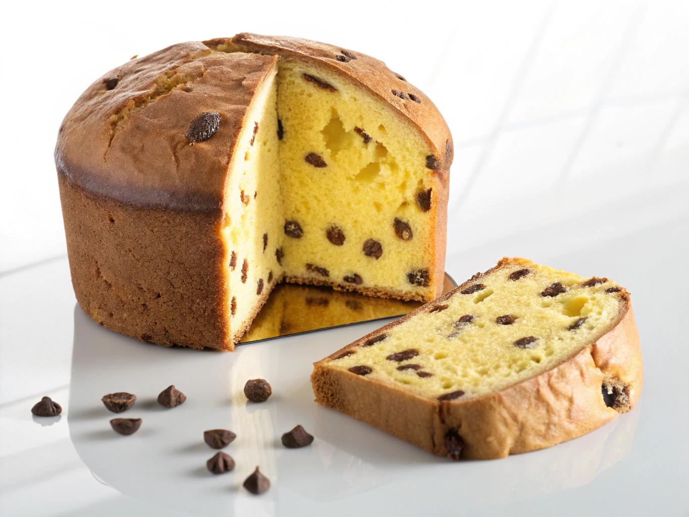 A realistic, high-resolution image of a sliced panettone with chocolate, placed on a glossy white surface with a soft reflection. The panettone has a golden-brown crust and a rich, yellow, fluffy interior dotted generously with melted chocolate chips. Lighting is bright and studio-style, emphasizing texture and detail. The background is clean and minimal to highlight the product.