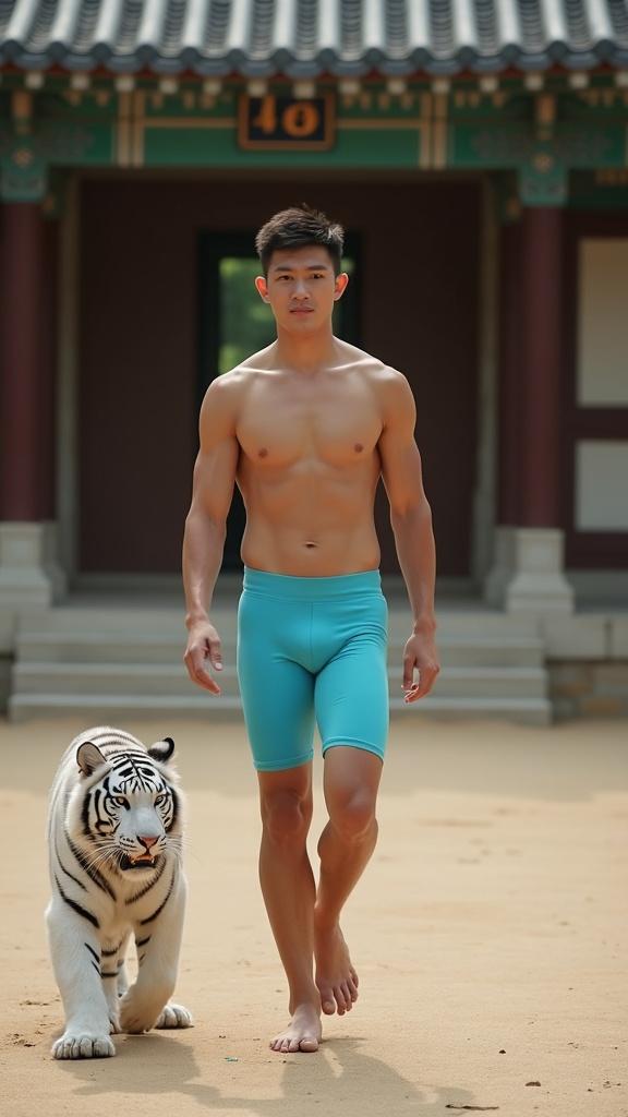 a shirtless muscular twenty years old korean guy wearing a cyan small cycling short walking barefoot front of a traditionnal korean temple next to a baby white tiger