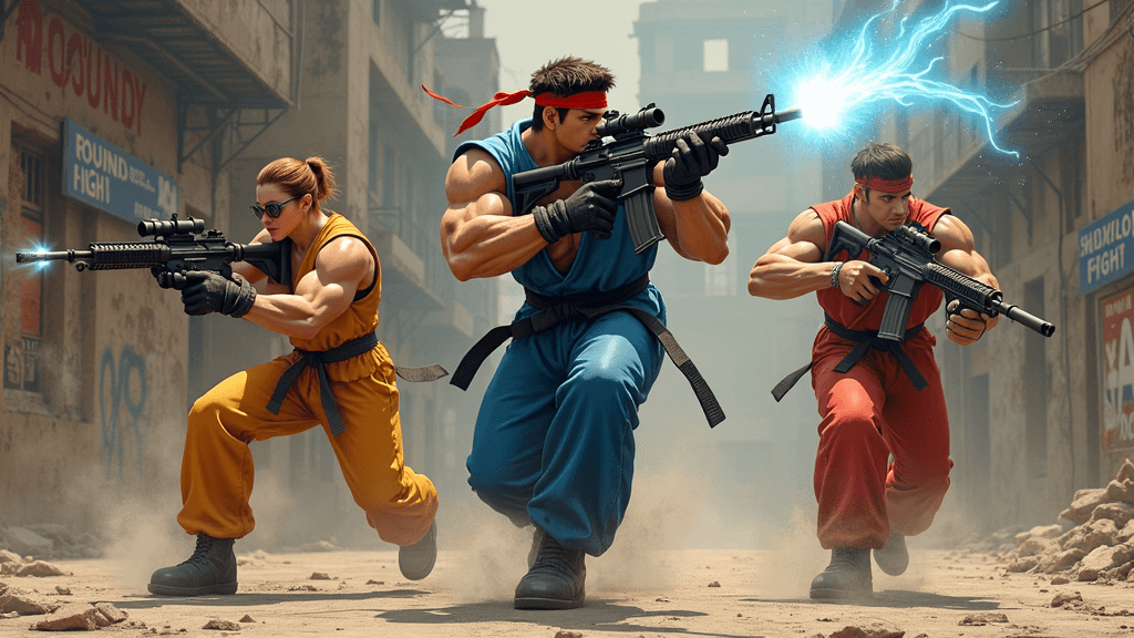 A hyperrealistic depiction of Ryu, Ken, and Chun-Li, Street Fighter icons, as elite Modern Warfare III operatives, engaging in intense urban combat.  Ryu, central, wielding a suppressed M4A1 rifle, emits a pulsing blue Hadouken energy. Ken, right flank, sprints, his Kastov 762 engulfed in Shoryuken flames. Chun-Li, left, executes a mid-air Spinning Bird Kick, her dual SMGs at the ready.  A crumbling Al Mazrah-like backdrop features Shadaloo graffiti, a "ROUND 1... FIGHT!" sign, and Vega and Zangief allusions.  The scene is awash in vibrant, chaotic energy, a fusion of classic fighting game and modern military aesthetics.
