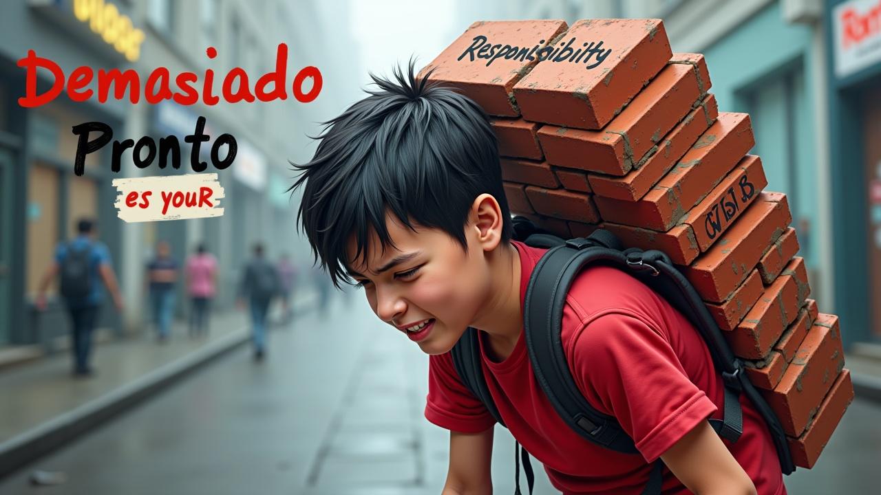 
## **2. “Carga que Rompe”**

**Visual Scene Description:**
Un adolescente con una enorme mochila llena de ladrillos o cajas etiquetadas con palabras como “Responsabilidad”, “Crisis”, “Trabajo”, caminando inclinado bajo su peso. Fondo borroso de una ciudad gris y lluviosa.
**Emotional/Psychological Impact:**
Provocar indignación y compasión, transmitiendo la injusticia de cargar con peso adulto siendo niño.
**Visual Style:**
Estilo ilustración realista con retoque fotográfico para exagerar el peso.
**Color Palette:**
Fondo gris + sujeto en ropa de color vivo (camiseta roja) para atraer la mirada.
**Short Text:** *Demasiado Pronto*
**Thumbnail Type:** Moment / Transformation implícita
**Scroll Stoppers:** Imagen metafórica exagerada, contraste saturado, expresión de esfuerzo/dolor.
**Composition & Contrast:**
El sujeto en el centro, mochila sobredimensionada que ocupa gran parte del encuadre, fondo difuminado para enfocar el drama.
