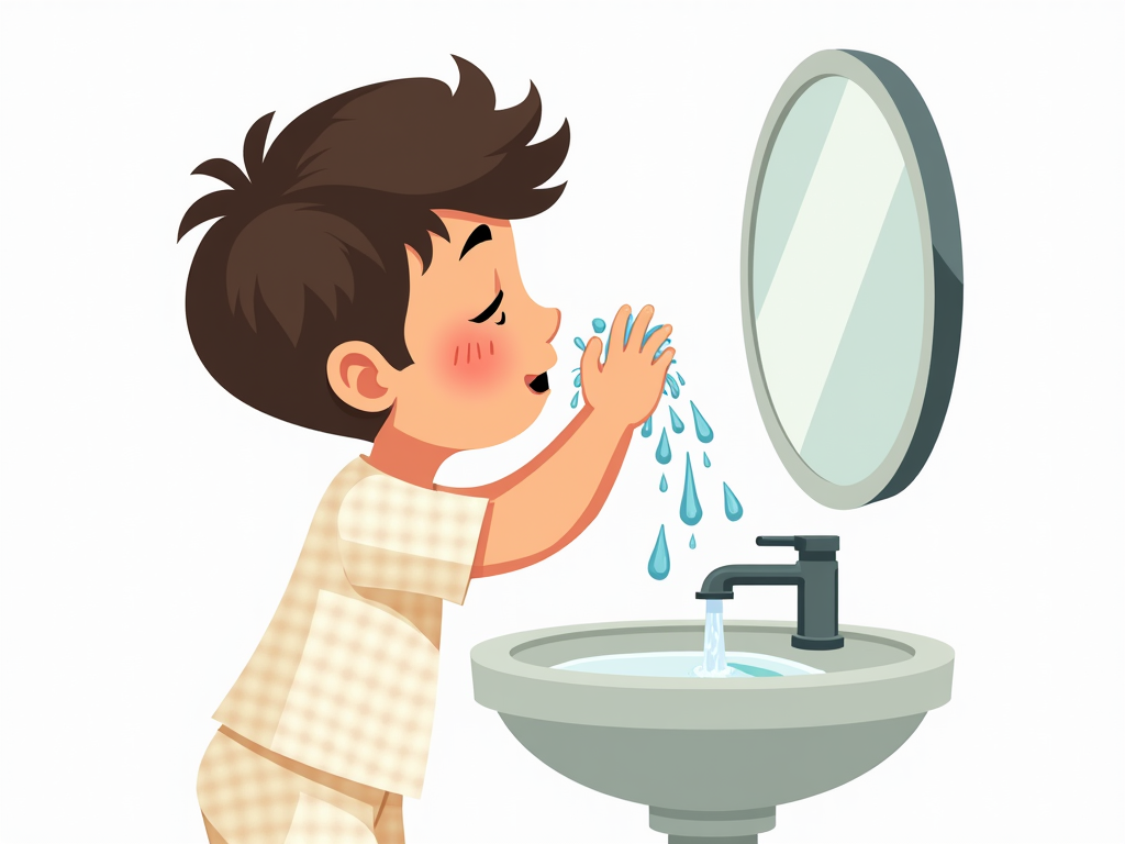 A cartoon-style educational illustration for adults showing young Ahmed washing his face at a bathroom sink. His eyes are closed, and his hands are splashing water on his face. The sink, faucet, and mirror are clearly visible. Ahmed wears pajamas and looks focused. Simple cartoon shapes with neat outlines. Transparent background. 2048x2048 resolution.


