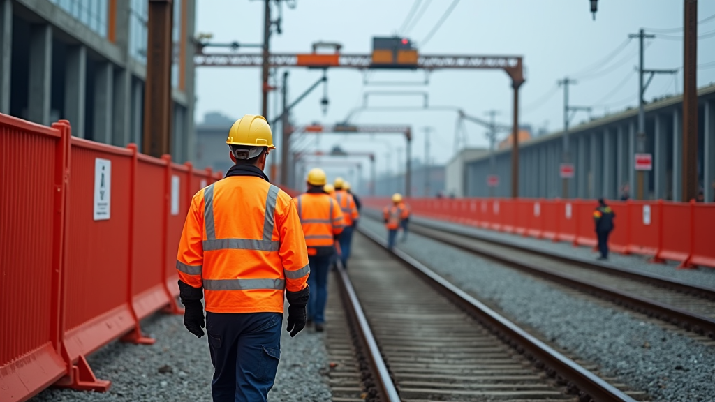 Emergency evacuation drill at a railway construction site, workers in safety gear practicing orderly exit, bright safety barriers and emergency equipment visible with no text. Overcast sky, dynamic scene, emphasis on preparedness and teamwork, realistic style."