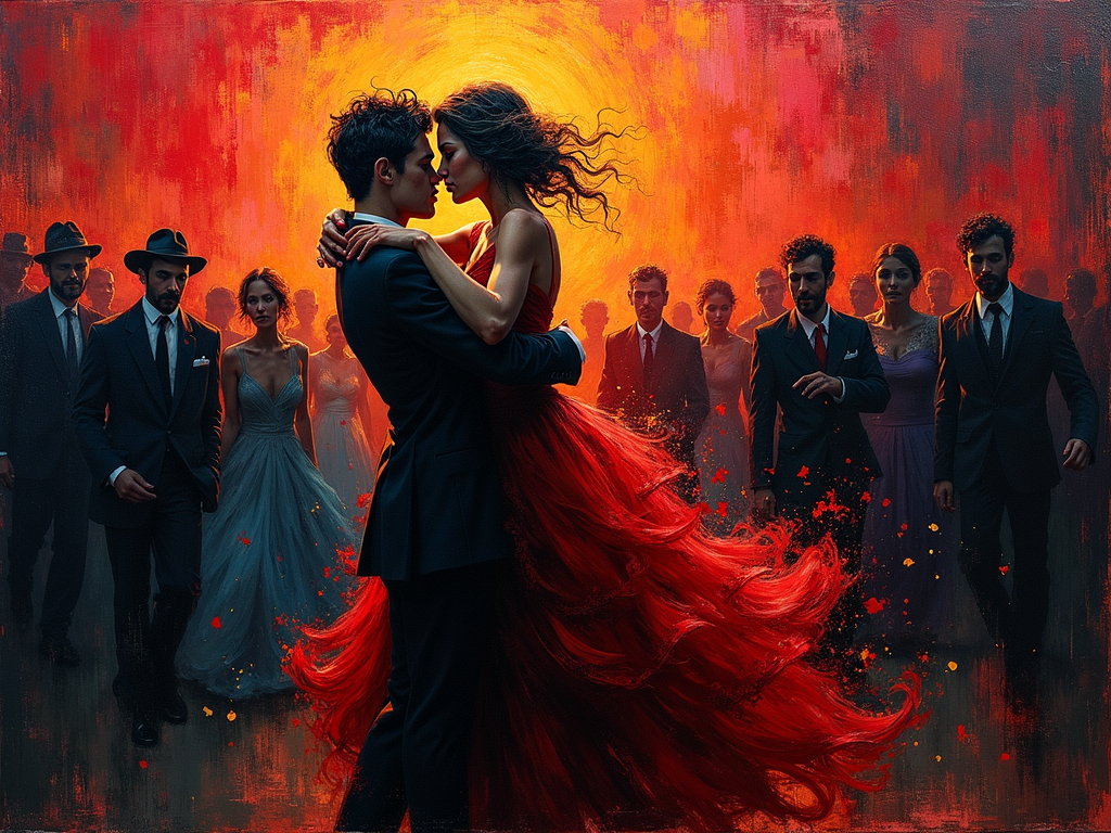 A passionate embrace, rendered in a vibrant, chaotic Expressionist style reminiscent of Kirchner, with swirling crimson and cobalt hues, distorted figures locked in a desperate, swirling dance, conveying raw, untamed emotion; a whirlwind of color and movement, capturing a fleeting moment of intense intimacy, bathed in harsh, dramatic lighting, reflecting the turbulent energy of early 20th-century Berlin.
