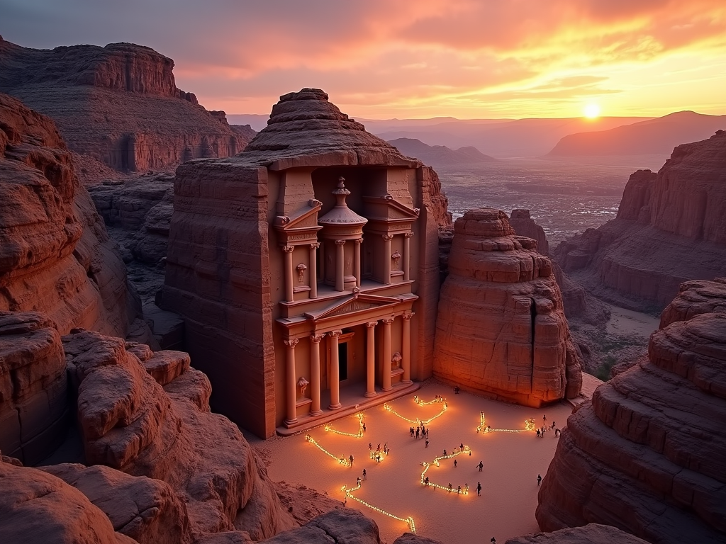 Dramatic aerial view of Petra Treasury at dawn