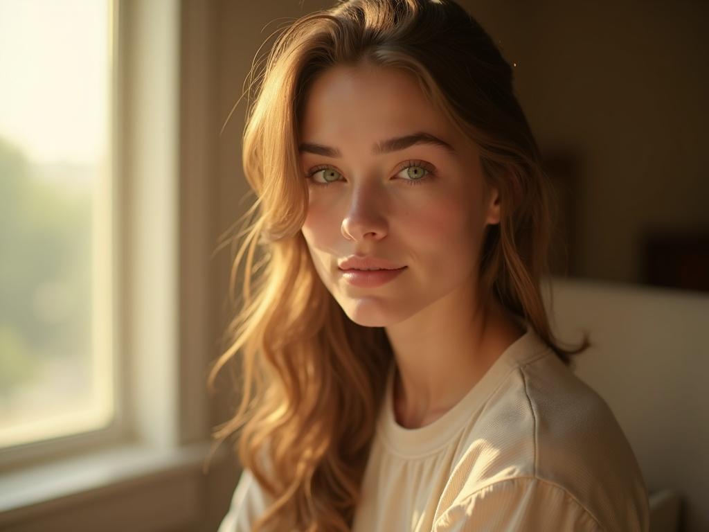 Ultra-realistic photo of the same young woman with silky light-brown hair, vivid green almond-shaped eyes, and full natural lips, sitting on a minimal beige armchair by a large window, sunlight streaming in from the side, casting soft golden highlights across her flawless skin. She faces the camera directly, expression serene and captivating, hair gently framing her face. Background softly blurred interior with warm tones. Shot on 85mm lens, f/1.4, ISO 100, shallow depth of field, ultra-high resolution, cinematic composition, natural skin texture, photoreal detail.