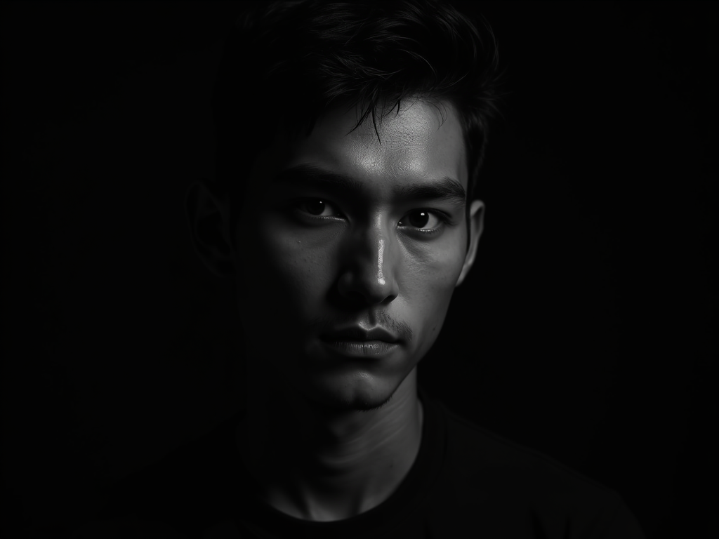 A high contrast close potrait of my face focusing on fronthead in black and white closeup.
35mm lens 4k HD Quality.
Giving Proud expression, Water droplets on my face.
Black shadow background only face is visible with my profile looking sharper.
Ratio 4:3