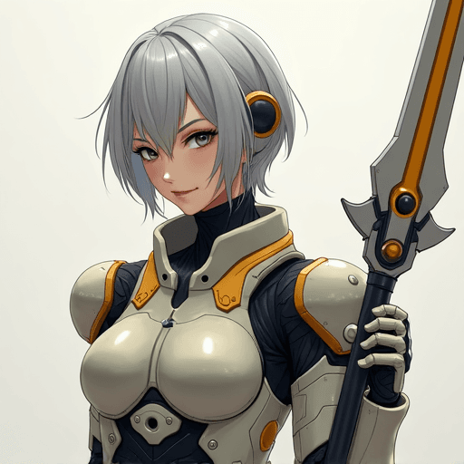 anime style image long distance cyborg mech pilot body suit woman haven trooper mgs4 style short silver hair holding a futuristic great spear metal plate style with gray black beige color scheme