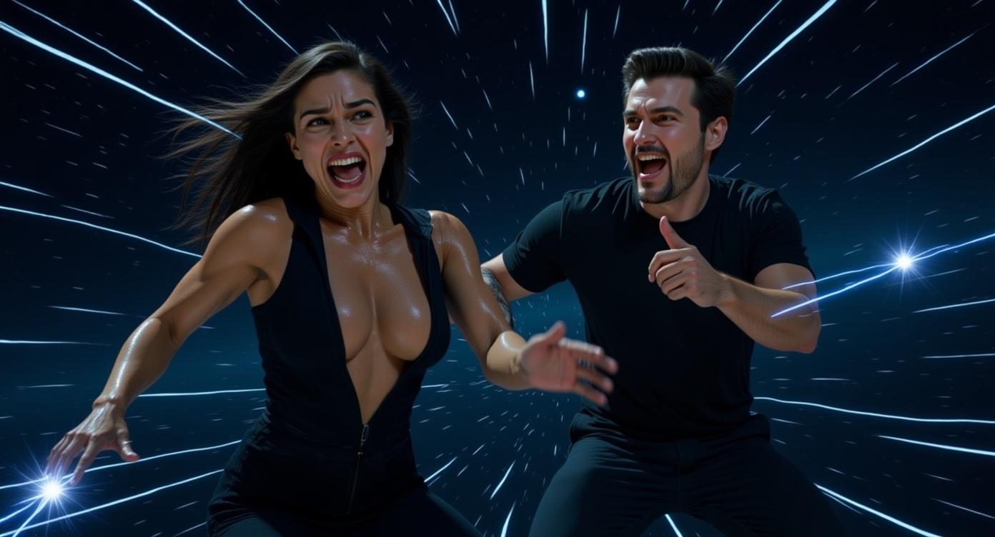 16x9 image, Liora and Zane in ships, dodging asteroids, her grin fierce, his voice warm..