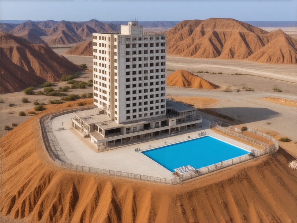 A high-resolution aerial view of an abandoned, 20-story hotel shaped like a sail, standing on top of the highest orange sandstone hill in a vast desert landscape. The hotel has a cracked, weathered facade made of white brick and features empty, decaying balconies. A broken, empty swimming pool lies nearby on the plateau. The plateau has a wide, natural, uneven shape—its radius is twice the height of the building. A partially collapsed rusty metal fence surrounds the entire hotel area. The surrounding landscape consists of large, undulating orange hills stretching into the horizon under a clear blue sky. Desert textures are detailed and realistic, evoking a sense of isolation and desolation.