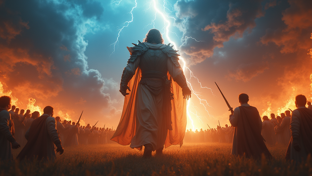 Generate a Giant, Jesus in armour in his divinity coming with a mighty tornado. make it cinematic like a Hollywood block buster film poster. Add blue and orange lighting on opposite sides of the image. Background: fire and lightning and all men bowing before the king. 16:9 ratio