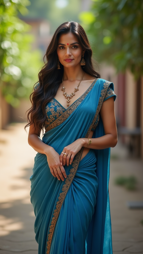 Sunny leone wearing blue saree cleavage in street garden 10k HDR PORTRAIT 