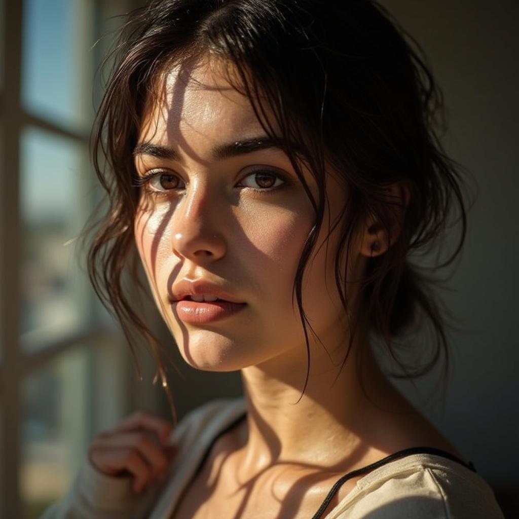 a portrait of a young woman with natural lighting, realistic style