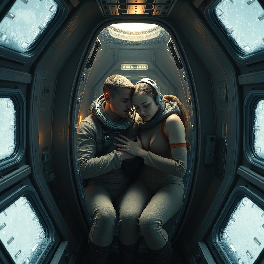 A realistic science fiction depiction of survival. Inside a tiny, elongated, transparent orbital elevator, temporarily adapted to aid survival during a lack of oxygen, food, and heating, two human figures—a young man and a woman—are huddled together for warmth and survival. The elevator is a single-person facility, and in such a confined space, they don't wear spacesuits or fleece jackets. The elevator's thermal insulation and close proximity provide warmth. They press their chests together. Their skin is partially visible, but parts of their bodies are obscured by oxygen tubes, nutrient dispensers, and waste recycling devices. They don't wear unnecessary equipment such as headphones. However, they do have vital signs monitoring devices. The elevator sits in the middle of an orbiting base. The room is cold, with frosted portholes. Only the elevator with the people inside is not frosted. The entire cast looks vulnerable yet determined, illuminated by the dim, warm light of the sun streaming through the porthole. Frost covers the base's windows, but not the people inside. Electronics glow dimly, and the atmosphere is tense, emphasizing the necessity of survival in the freezing vacuum of space.