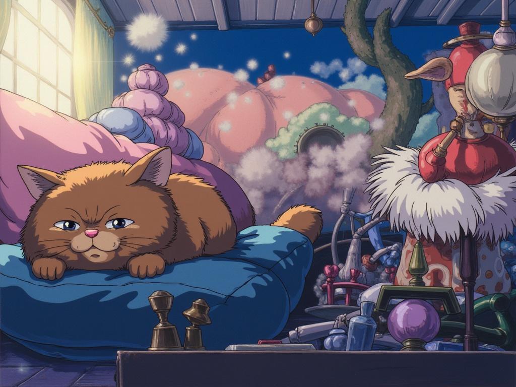 A rotund tabby cat, fur the color of burnt umber, sprawls languidly on a plush velvet cushion, sunlight illuminating dust motes dancing in the air; a whimsical, surrealist painting, vibrant colors, bold brushstrokes, chaotic yet harmonious composition, evoking a sense of playful contentment.
