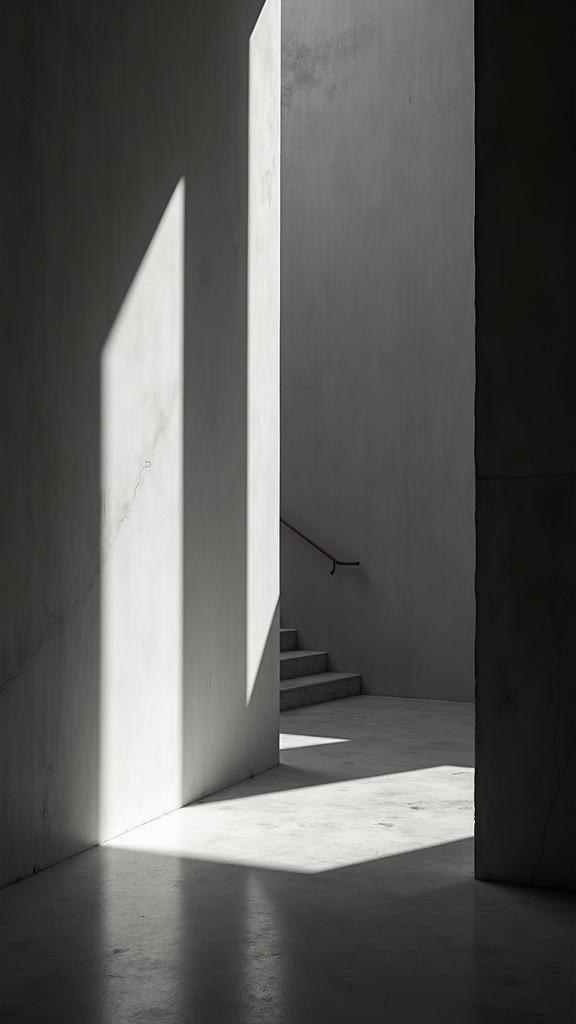 A minimal black and white editorial scene with dramatic interplay of light and shadow, high contrast tones, clean seamless background, ample negative space for typography, modern minimal design aesthetic, cinematic composition with elegant framing, architectural elements subtly highlighted, moody atmosphere, ultra-crisp details, shot in 9:16 aspect ratio
