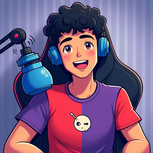 A vibrant and playful digital cartoon of a man with a light skin tone, black curly hairs a little rounded face without double chin seated in a gaming chair. He wears large over-ear headphones and a red and purple t-shirt featuring a small robot icon on the chest. He smiles warmly while speaking into a blue Snowball microphone company mounted on a boom arm. Subtle PlayStation symbols and Pokémon elements, like a Pokémon, are integrated into the shirt design or background. The illustration style is clean, colorful, and outlined with bold lines to enhance the cheerful, gaming-themed atmosphere