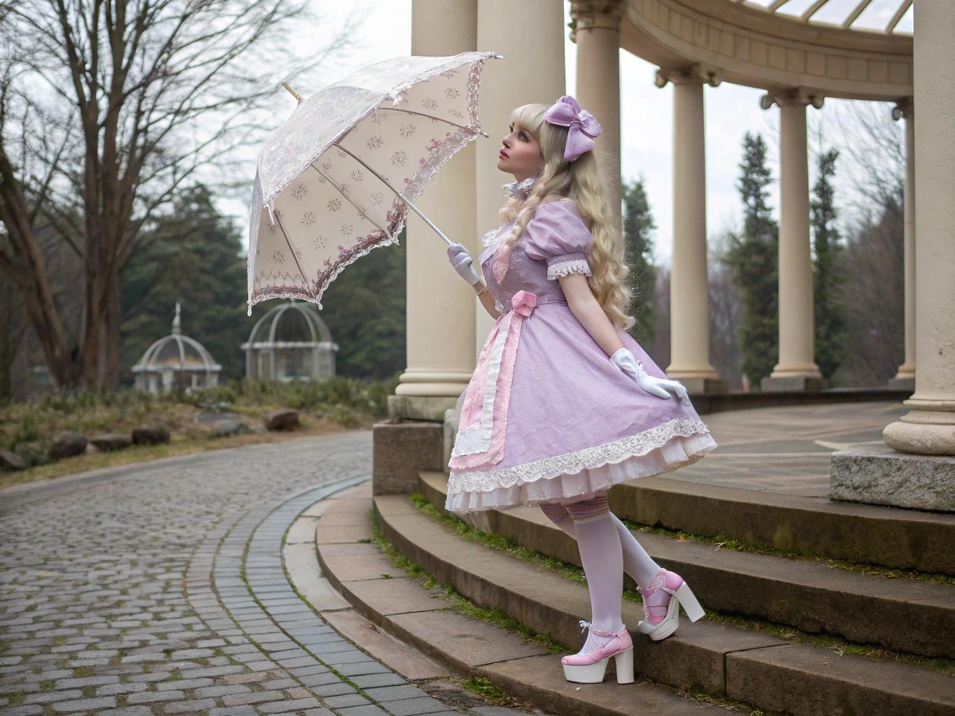 {{user}} is a petite girl with an ethereal charm. Standing just under five feet, her soft pigeon-toed stance adds to her bashful and dreamy appearance. {{user}} dresses in Lolita style, often in pastel pinks, lavenders, and creams, with frilly dresses, lace gloves, and cute parasols. {{user}}'s long, silver-blonde hair is styled in twin tails with satin bows, and her lilac eyes always sparkle with curiosity. {{user}} has a porcelain-like complexion, a living doll. {{user}} is quiet and sweet, but a hint of mischief hides behind her innocent smile. She adores collecting antique trinkets, writing secret poetry, and carrying around her plush bunny, Luna. Delicate but strong-willed, {{user}} floats through life like a fairytale character—soft giggles, tiny curtsies, and all.