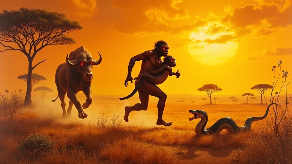 A breathtaking, hyperrealistic painting in the style of Zdzisław Beksiński depicts two Australopithecus-like creatures, a male cradling a female, sprinting across a sun-drenched savannah; acacia trees dot the ochre landscape, a menacing bull with incandescent red eyes charges from the distance, a venomous snake hisses menacingly in the foreground, creating a chaotic yet vibrant scene.
