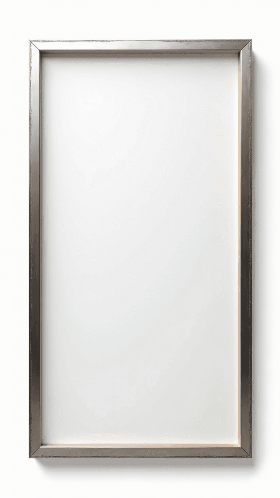 The frame for the ceremonial painting. The frame is clean and light. A frame with thin, narrow walls. Narrow details, thin elements. Light thin narrow dark threaded ornament. Style: hi-tech urban. Photorealism. Material: light stainless steel. The most precise shape of the elements. Maximum detail. Maximum realism. Format 16:9. The frame is on a white background. 
