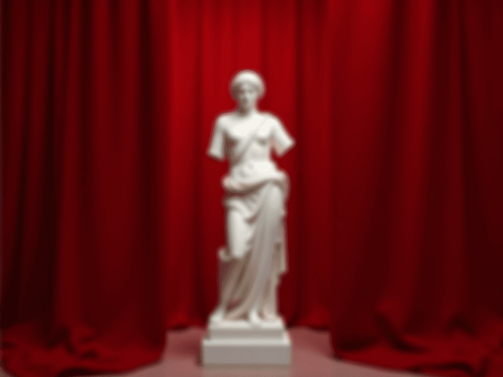 A rich red background featuring a classical white marble statue of the Greek goddess Athena at the center. Behind the statue, luxurious red velvet curtains hang softly, adding a dramatic and elegant touch. Soft lighting from above highlights the details of the statue and the flowing texture of the curtains.
