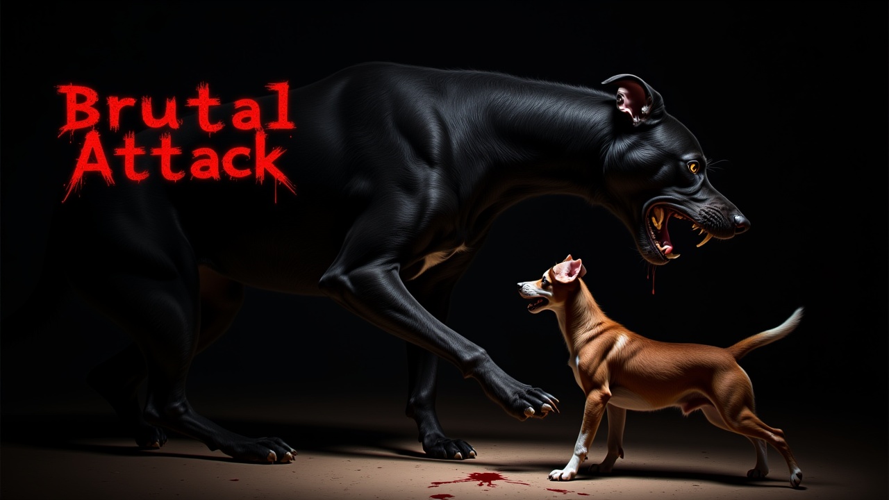 Black dog attacks a small dog
