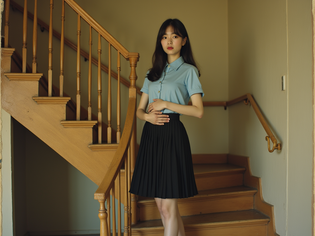 A vintage yellowed photo of a beautiful and Slender figure body Taiwanese girl (age 17), standing on an ornate staircase in a 1970s Taiwanese photography studio. One of her hands is on the railing; the other is caressing her belly. Very elegant. Her face is like the sample picture provided. Or just put the sample picture's character in a water blue short-sleeved shirt, a black skirt and black leather shoes.wearing a light blue short-sleeve school shirt and a black pleated skirt that reaches mid-thigh, with leather school shoes. Her posture is formal but calm, reflecting the shy elegance of 1980s Taiwan youth. Soft lighting, nostalgic mood.

Style: vintage, yellowed, 1980s

Medium: studio portrait photograph

Camera: fixed lens, shallow depth of field

Lighting: soft, moody, warm tone